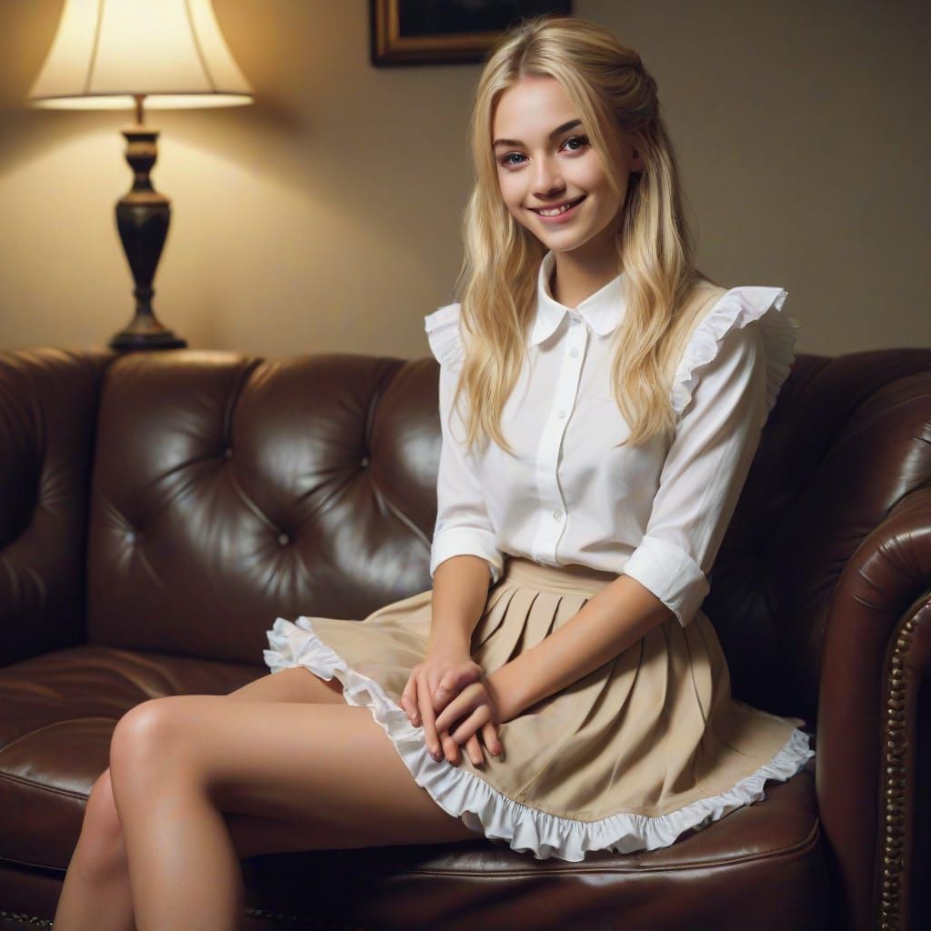 Young Man in Skirt Sitting on Couch