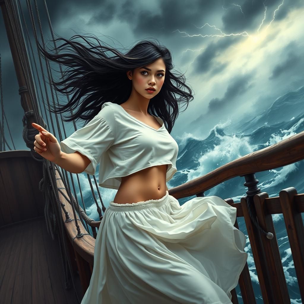 Girl on Ship in Apocalyptic Storm