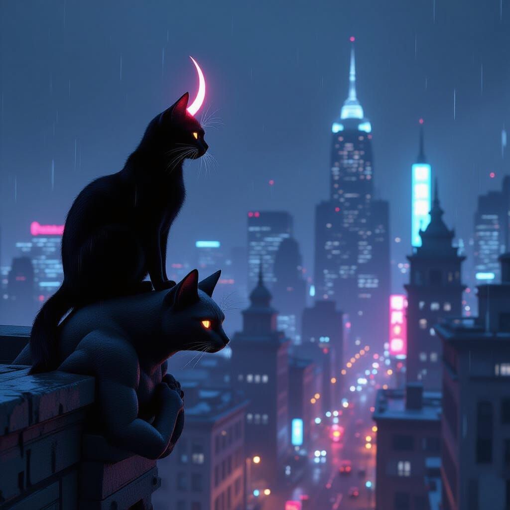 Black Cat With Glowing Horns on Gargoyle Above Retro-Futuris...