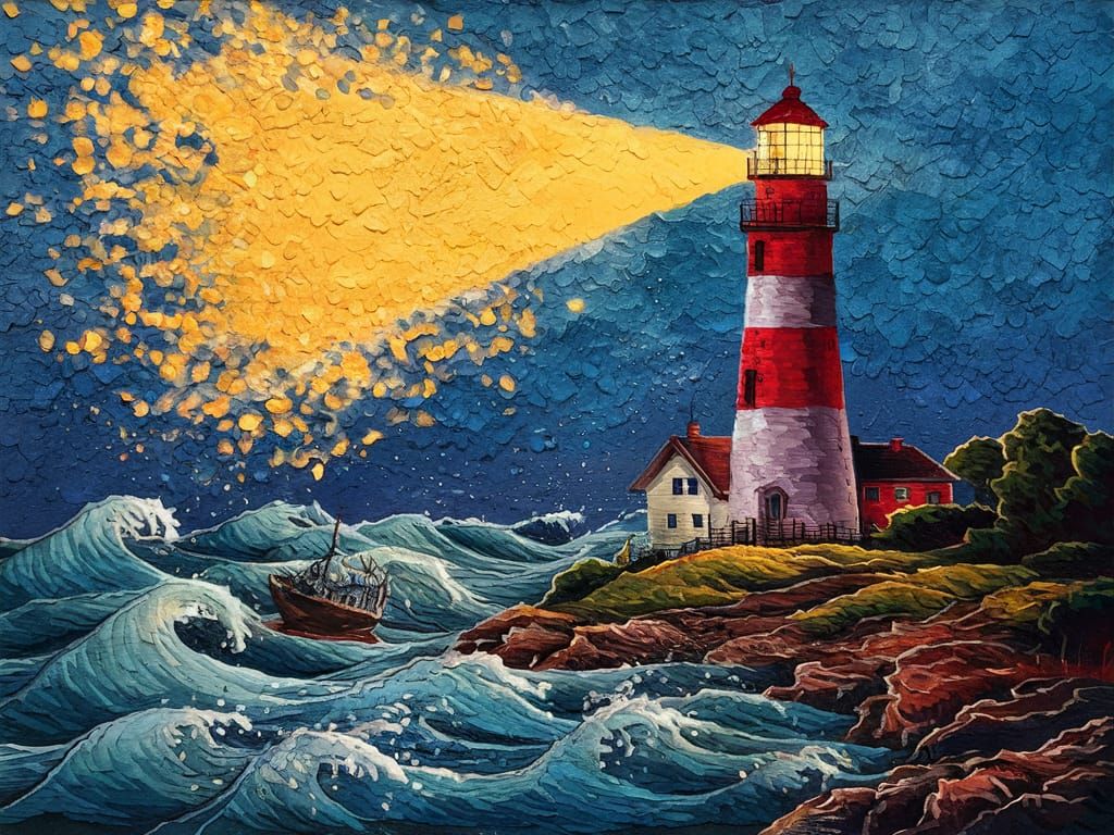 Pointillist Lighthouse and Boat in Stormy Seas