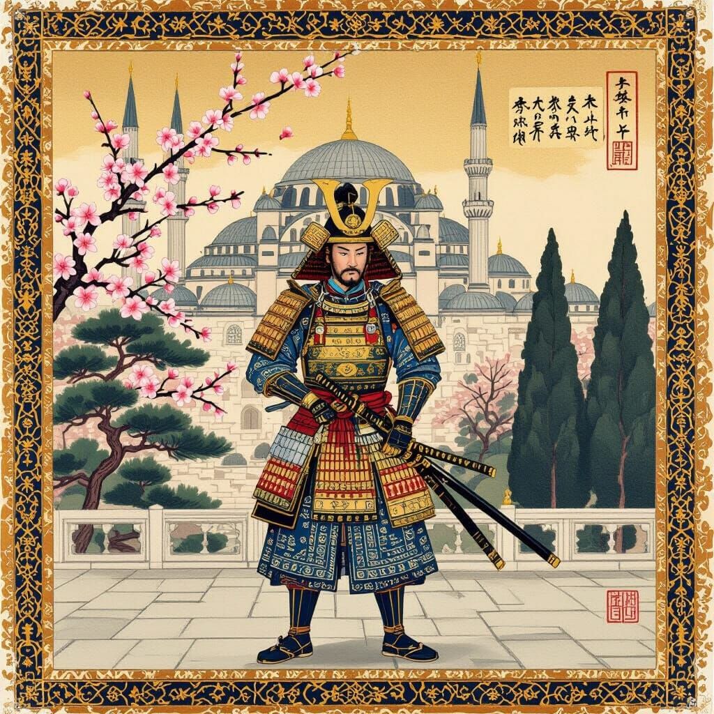 Samurai at Topkapi Palace in Ottoman Miniature Style