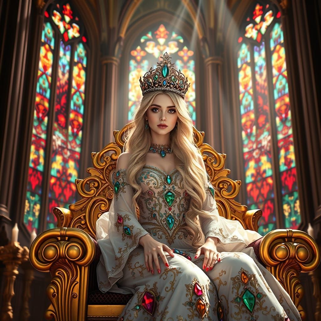 Woman on Jeweled Throne in Cathedral, 3D Anime Art