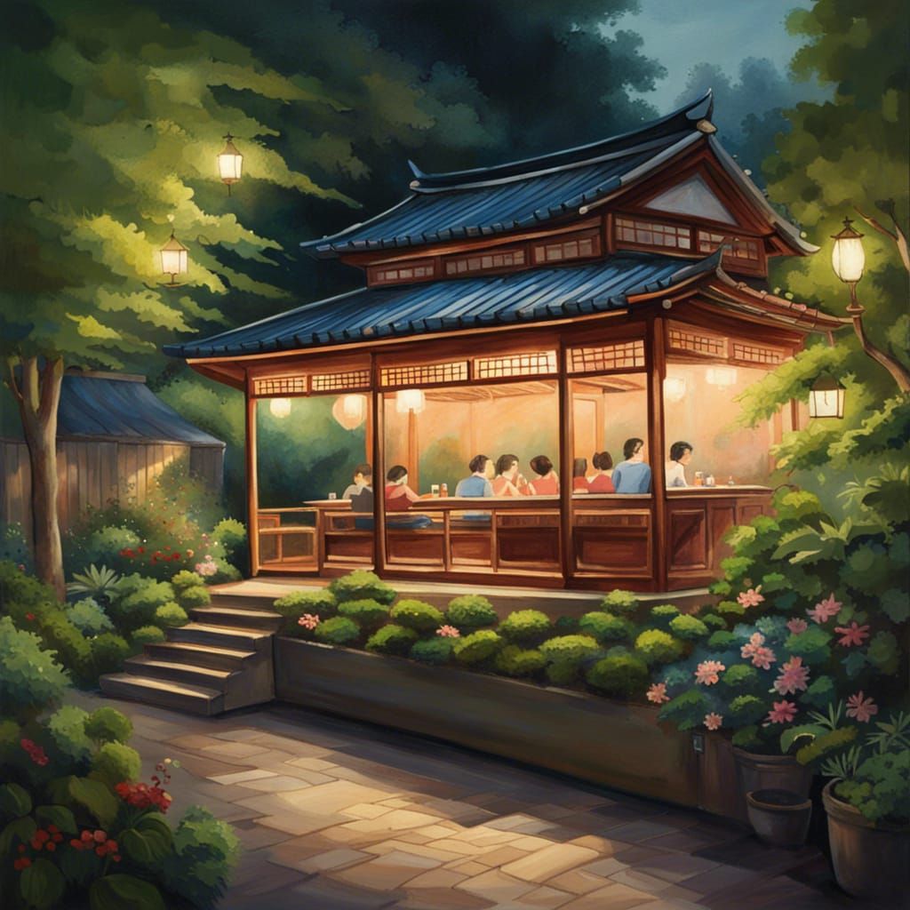 Teahouse Terrace Scene in Lush Garden