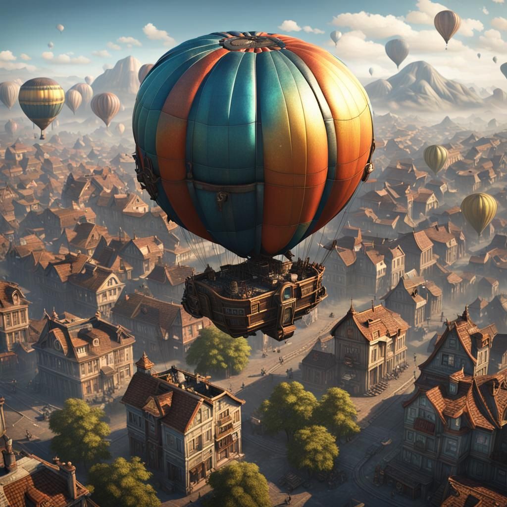 Cyberpunk Airship Over Town: Matte Painting