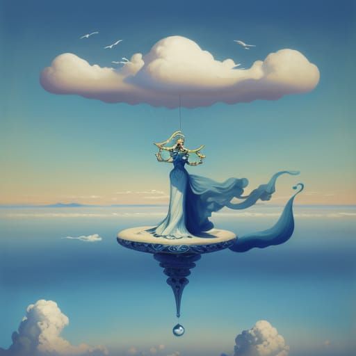 Ethereal Woman Floating in Dreamlike Clouds
