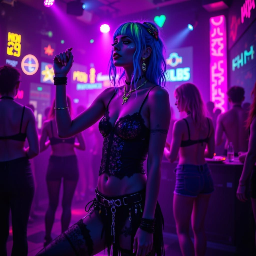 Gothic Woman Shines in Neon Under UV Nightclub Lighting