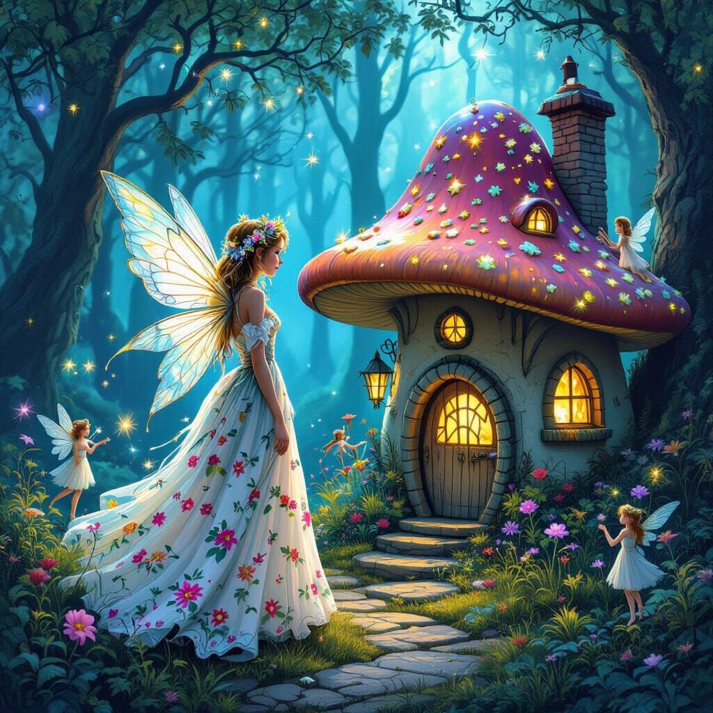 Enchanted Fairy Mushroom House in Bioluminescent Forest
