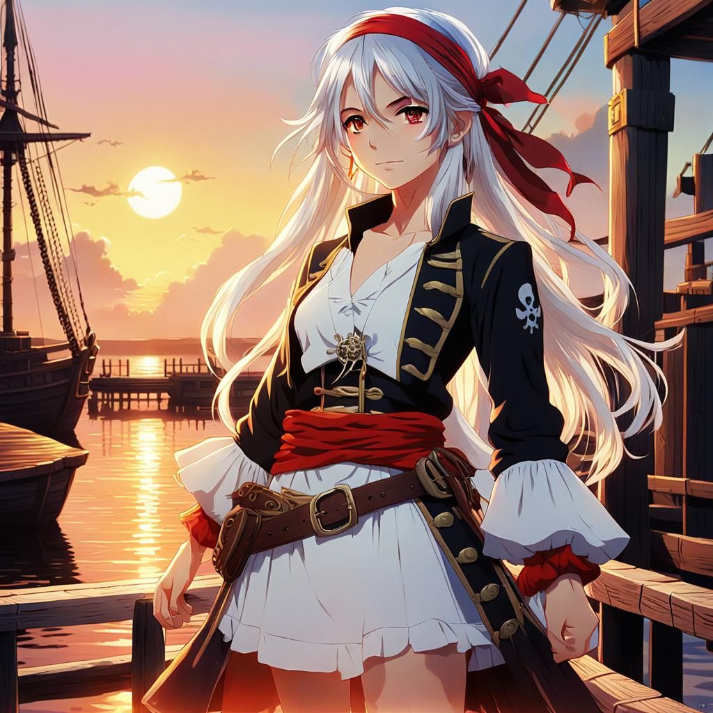 Anime Pirate Woman on Dock at Sunset