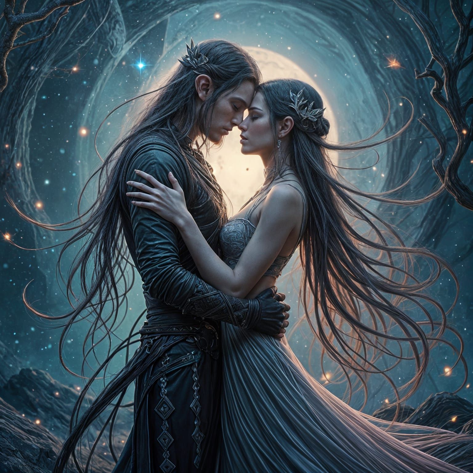 Ethereal High Elves in Love Amidst Cosmic Energy