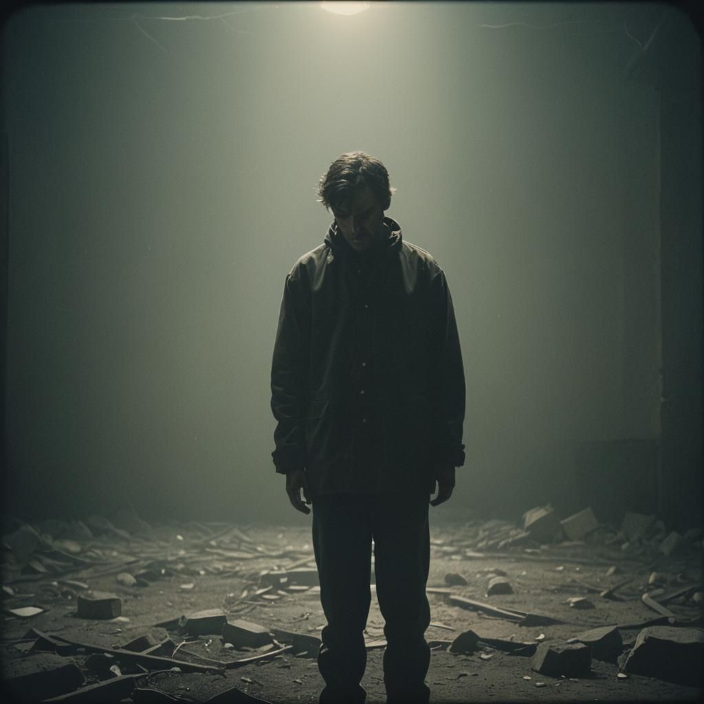 Troubled Figure in Despair: Cinematic Film Still