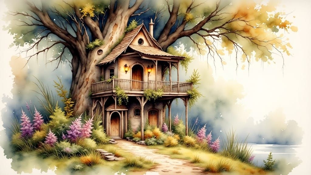 Enchanting Fairy Home in a Tree as Antique Watercolour