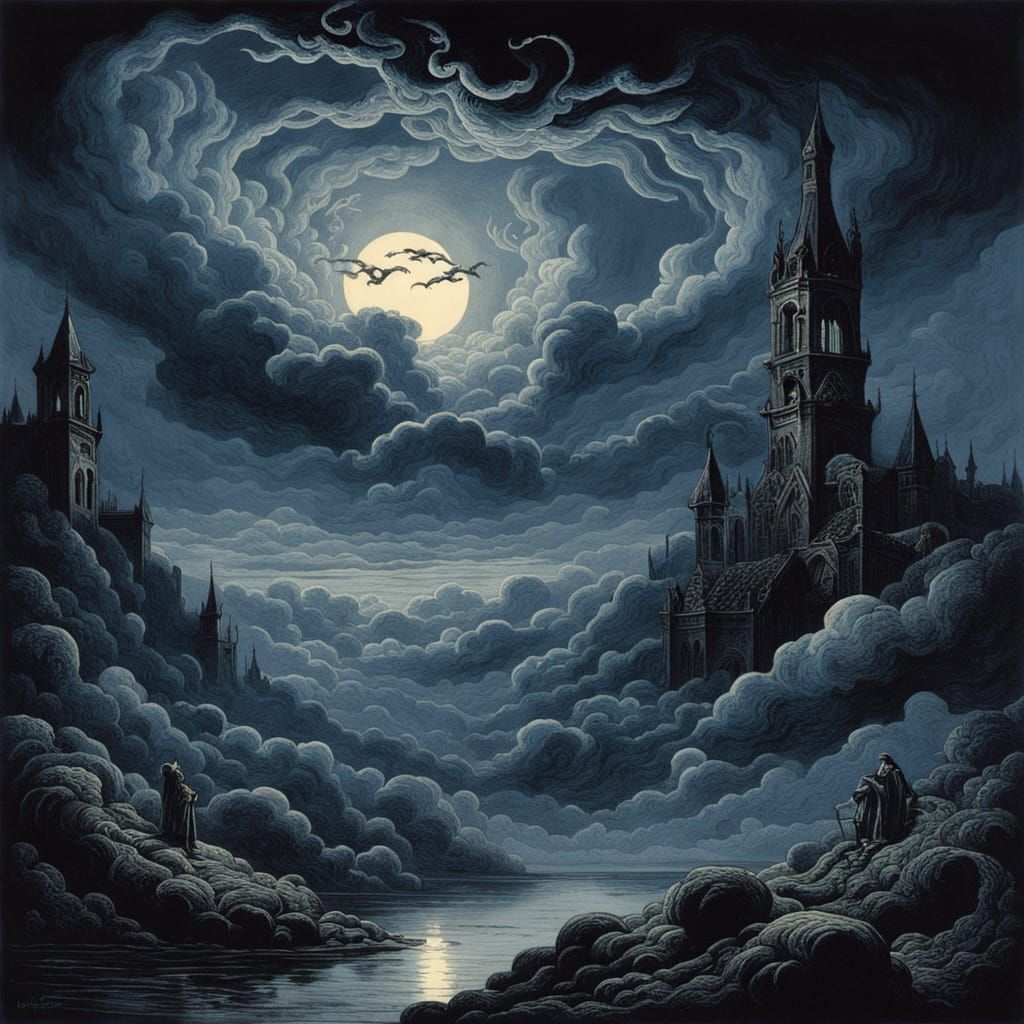 Mystical Snake Woven Through Dark Fantasy Clouds in Traditio...