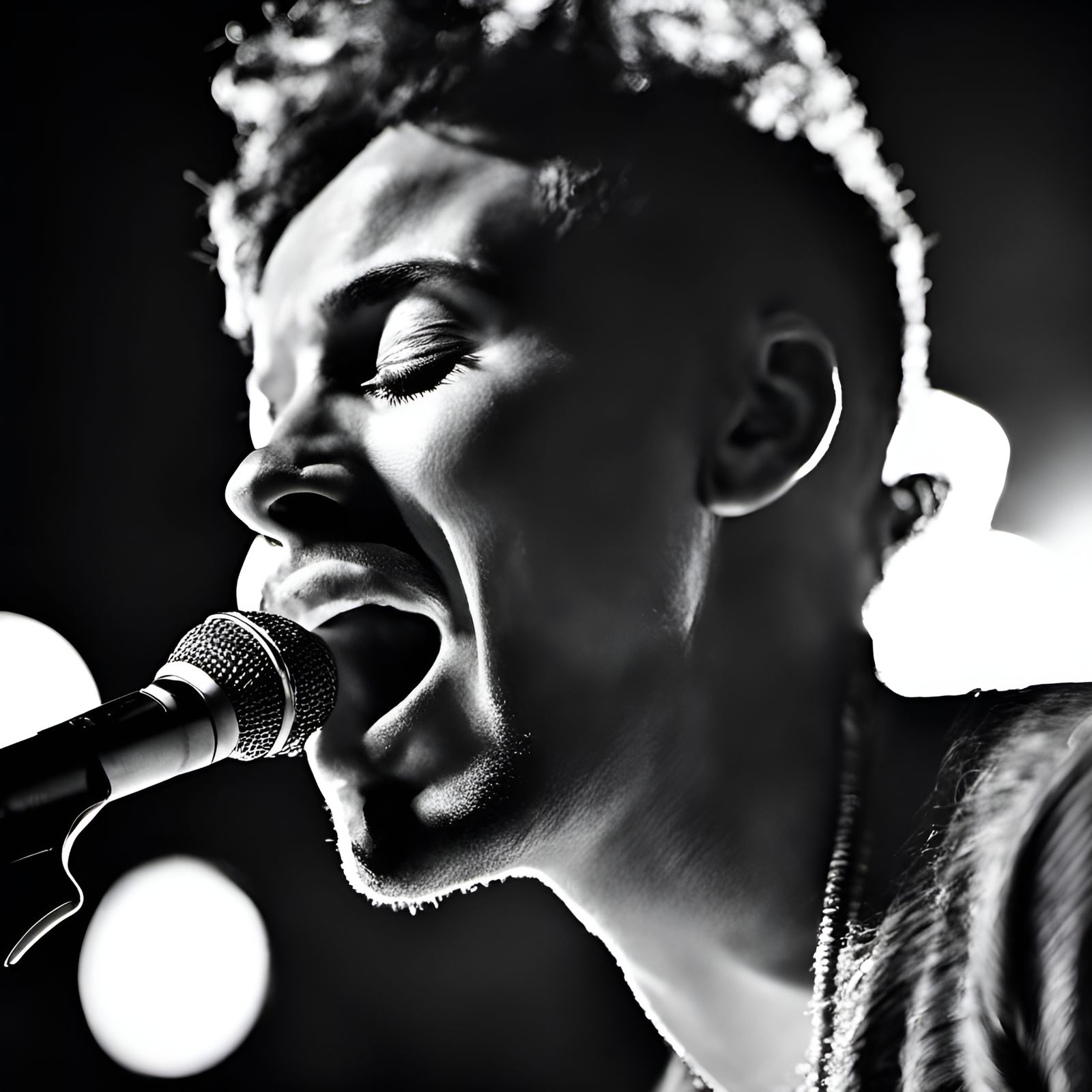 Close-Up Black and White Portrait of Lyrical Singer