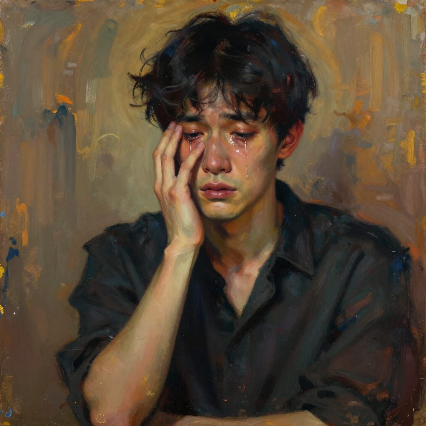 Androgynous Man's Profound Sadness in Melancholic Art