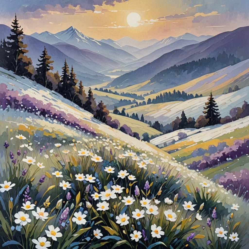 Impressionist Landscape of White Blooms in Gouache Style