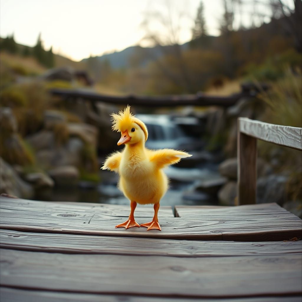 Yellow Duckling Dances on Bridge Above Waterfall