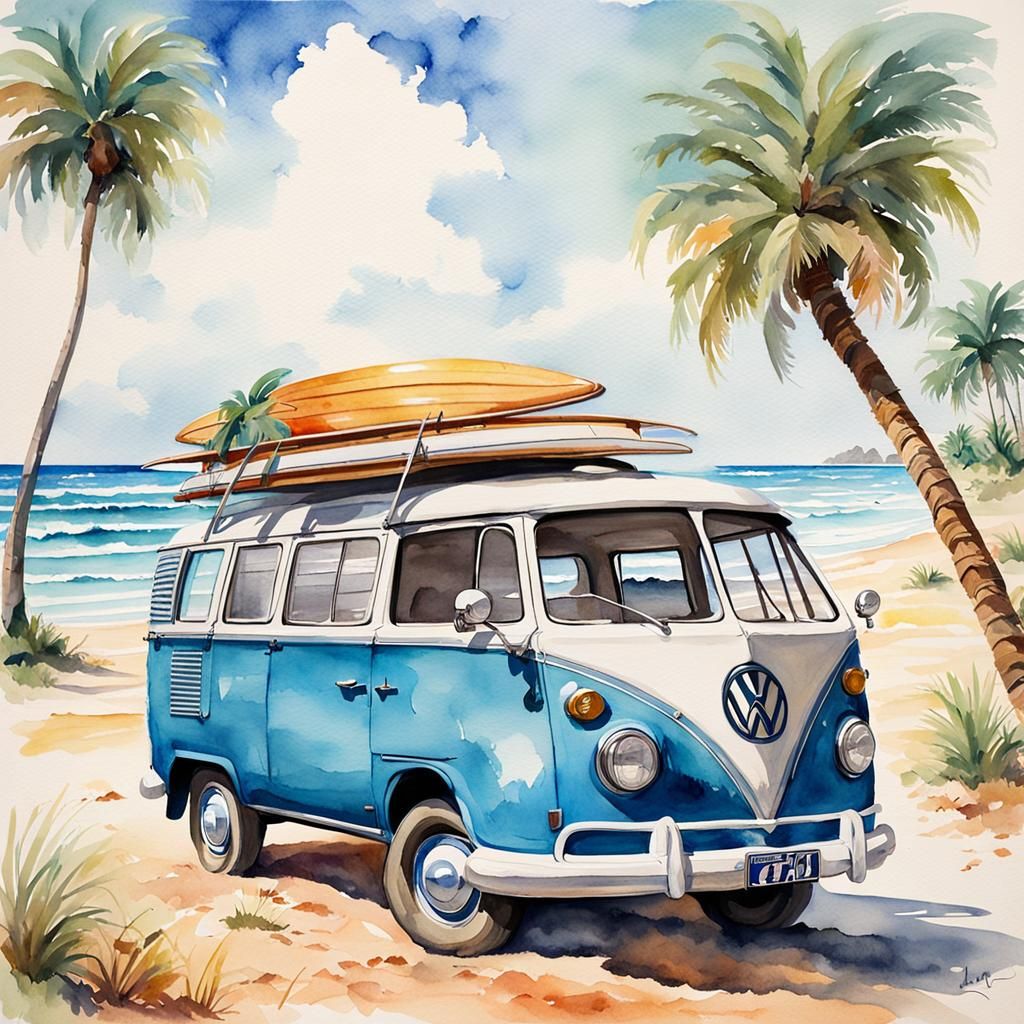 Vintage VW Van on Beach in Watercolor Style