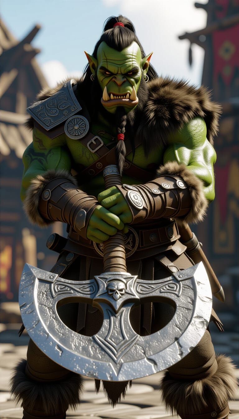 Orc Warrior Gripping Axe in 3D Fantasy Art Style