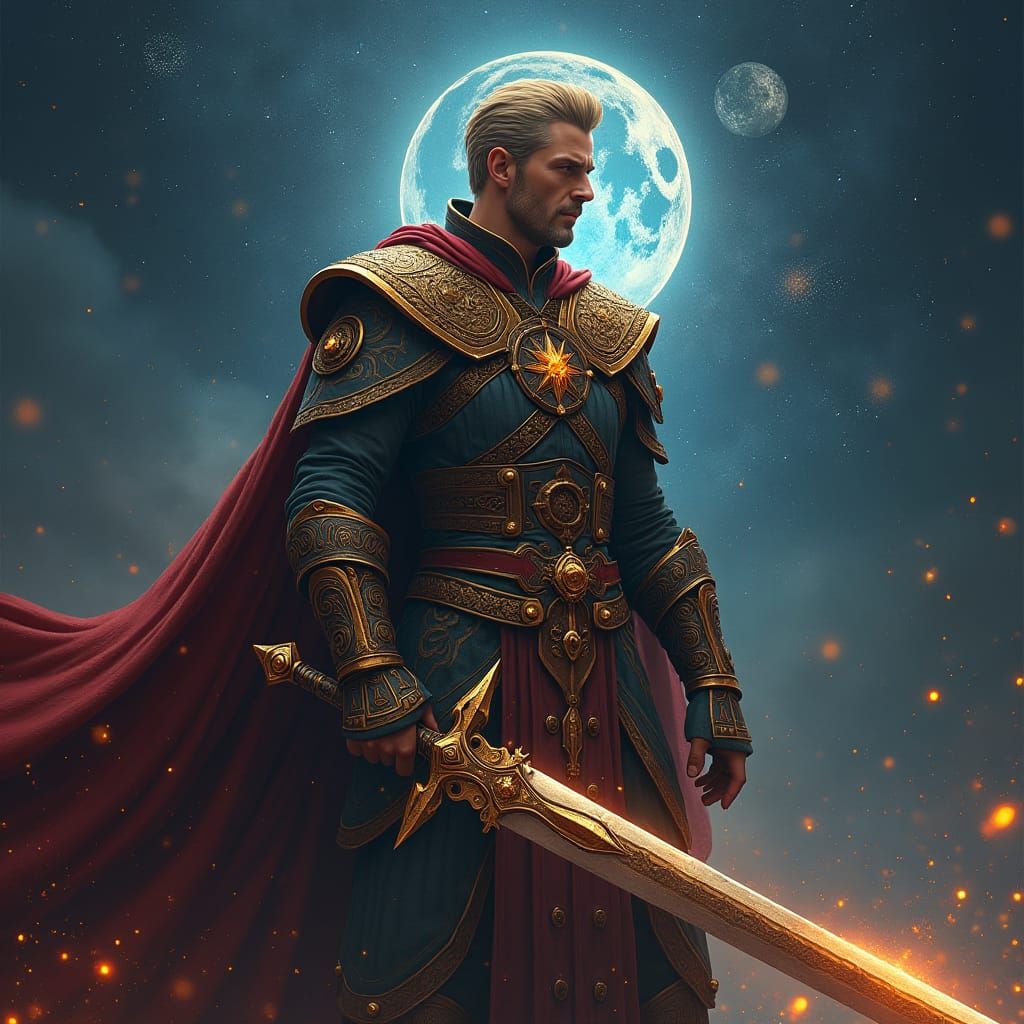 Heroic Warrior with Sword Under Starry Sky