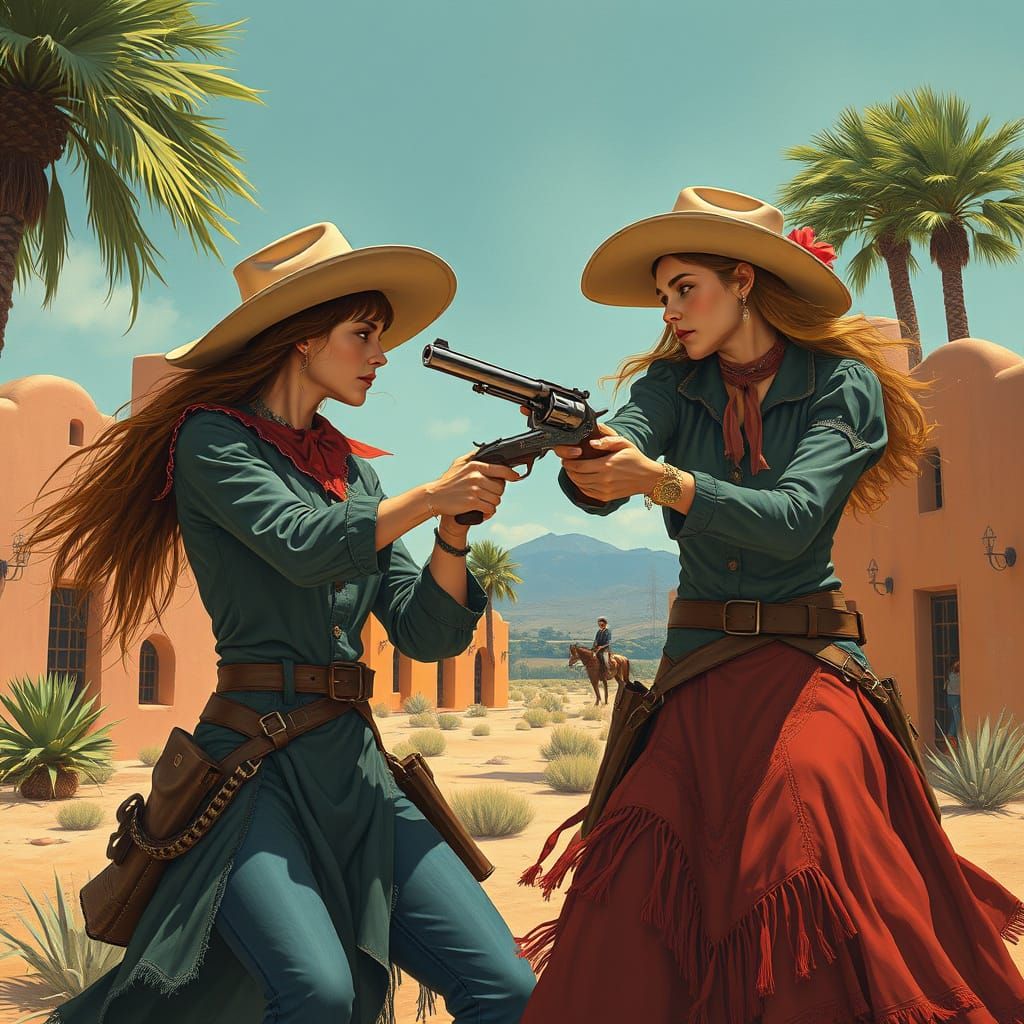 Cowgirl Duel in Adobe Town, Surreal Art Style