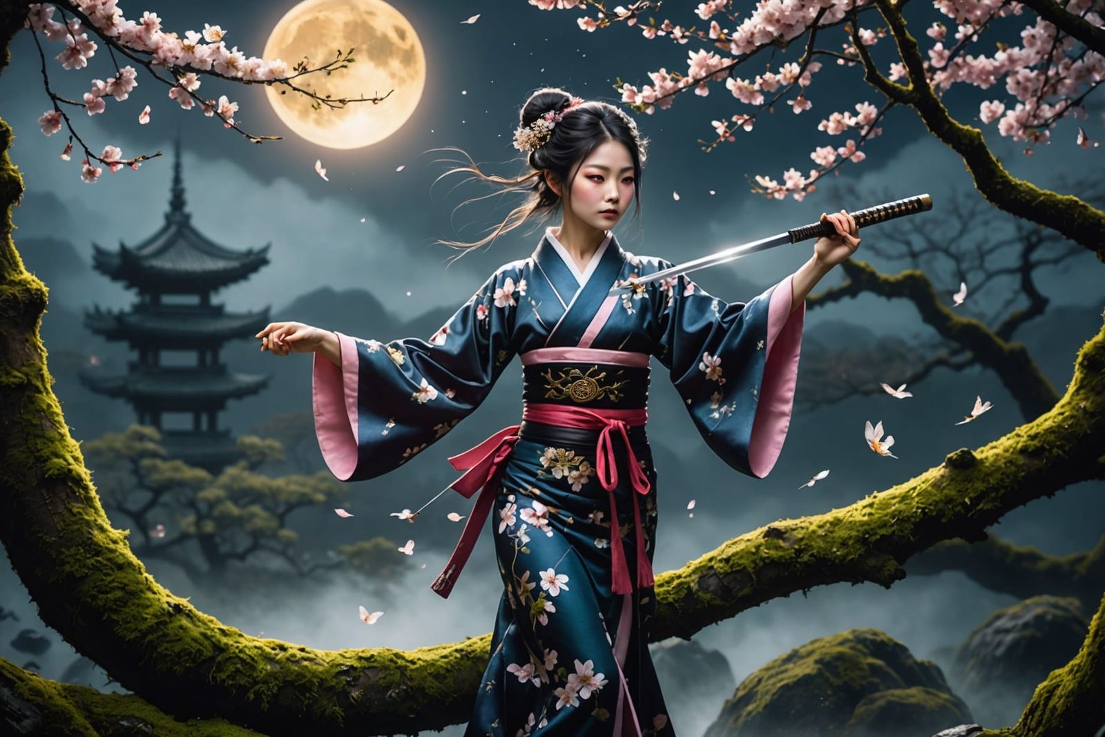 Japanese Fairy with Katana on Cherry Blossom Branch