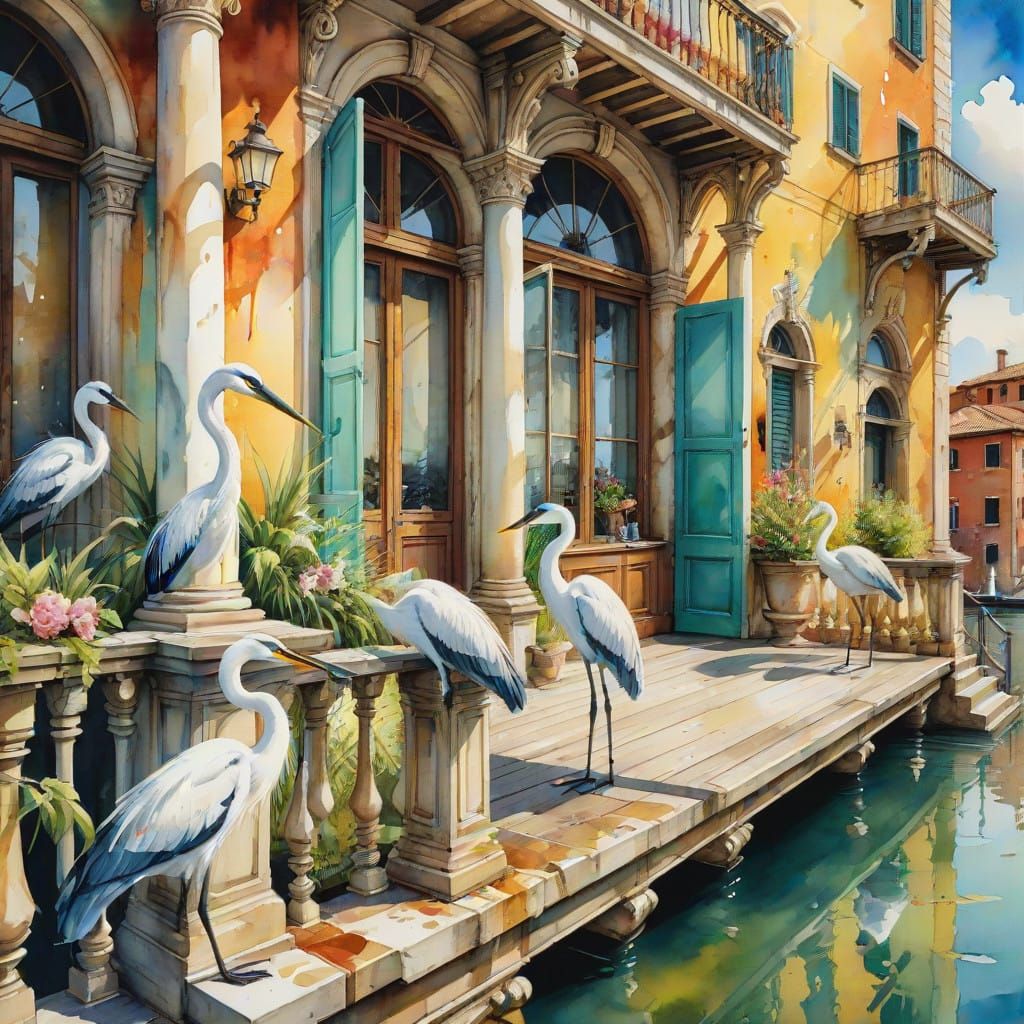 Hyperrealistic Palazzo Scene with Herons and a Noble Woman
