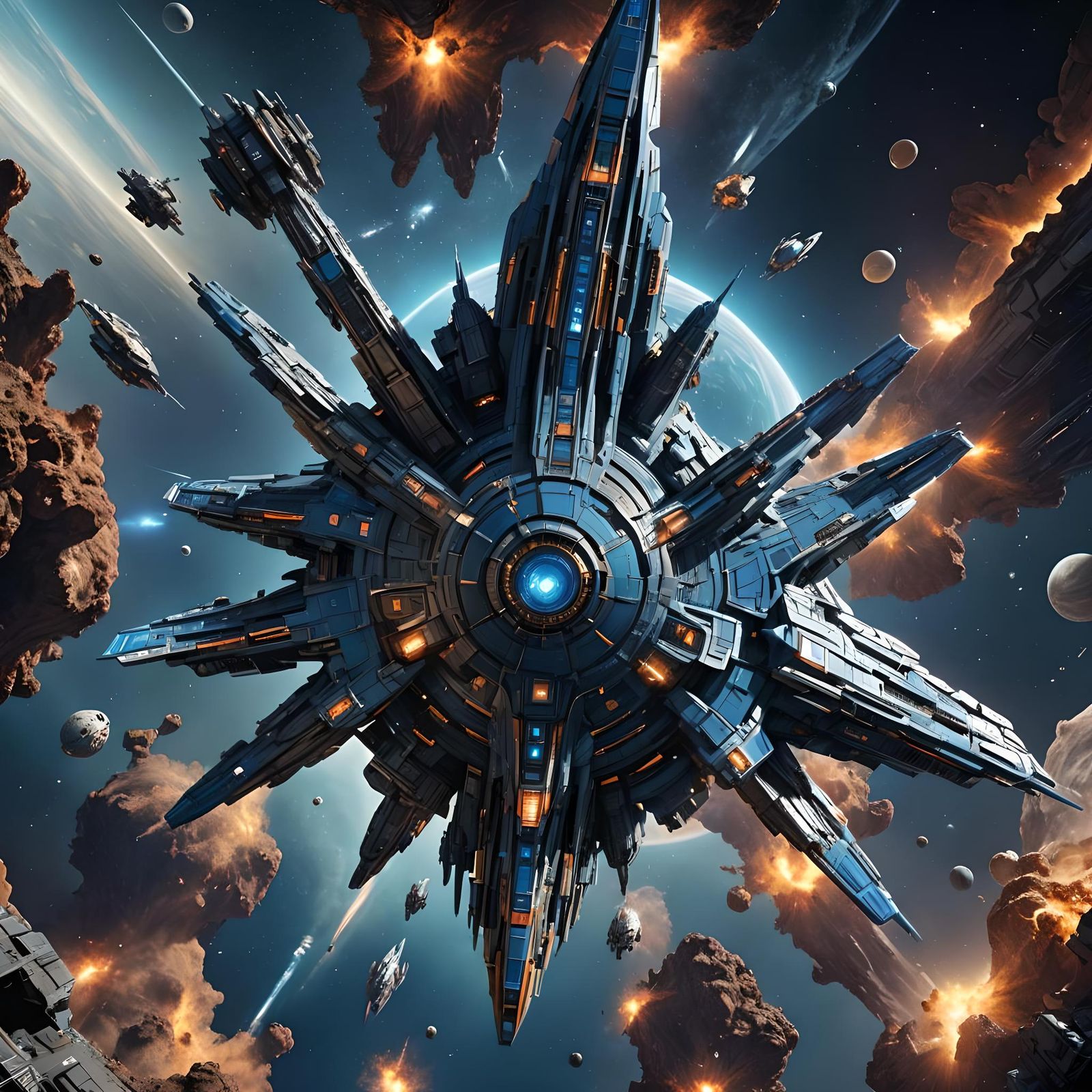 Explorer Starship in Blue Space: Detailed Matte Painting