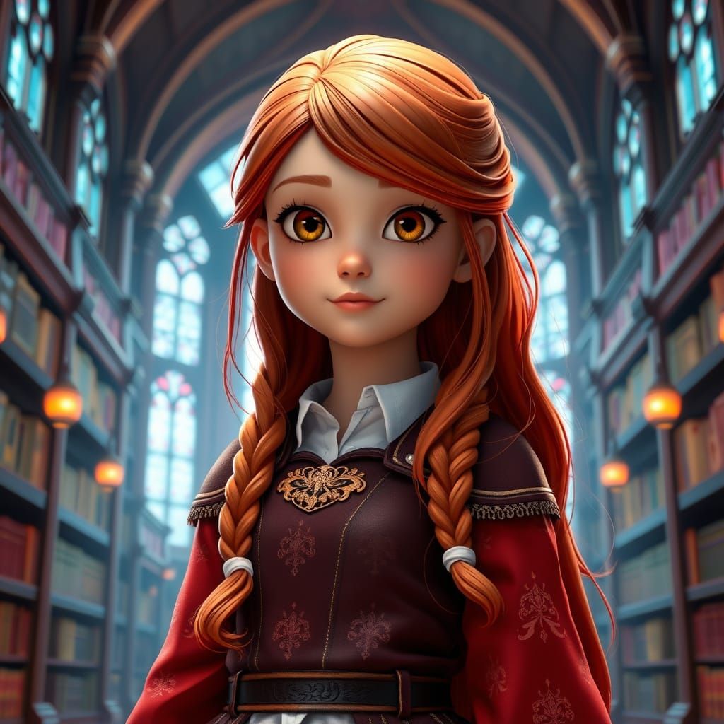 Young Sorceress in Grand Library, Pixar Style