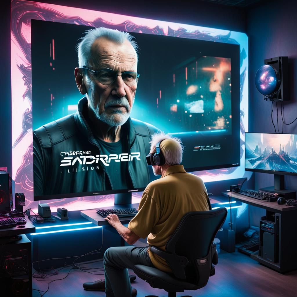 An old man sits in backround of a giant PC gamer monitor and it feels like he's in a 3D movie theater. Optical illusion ...