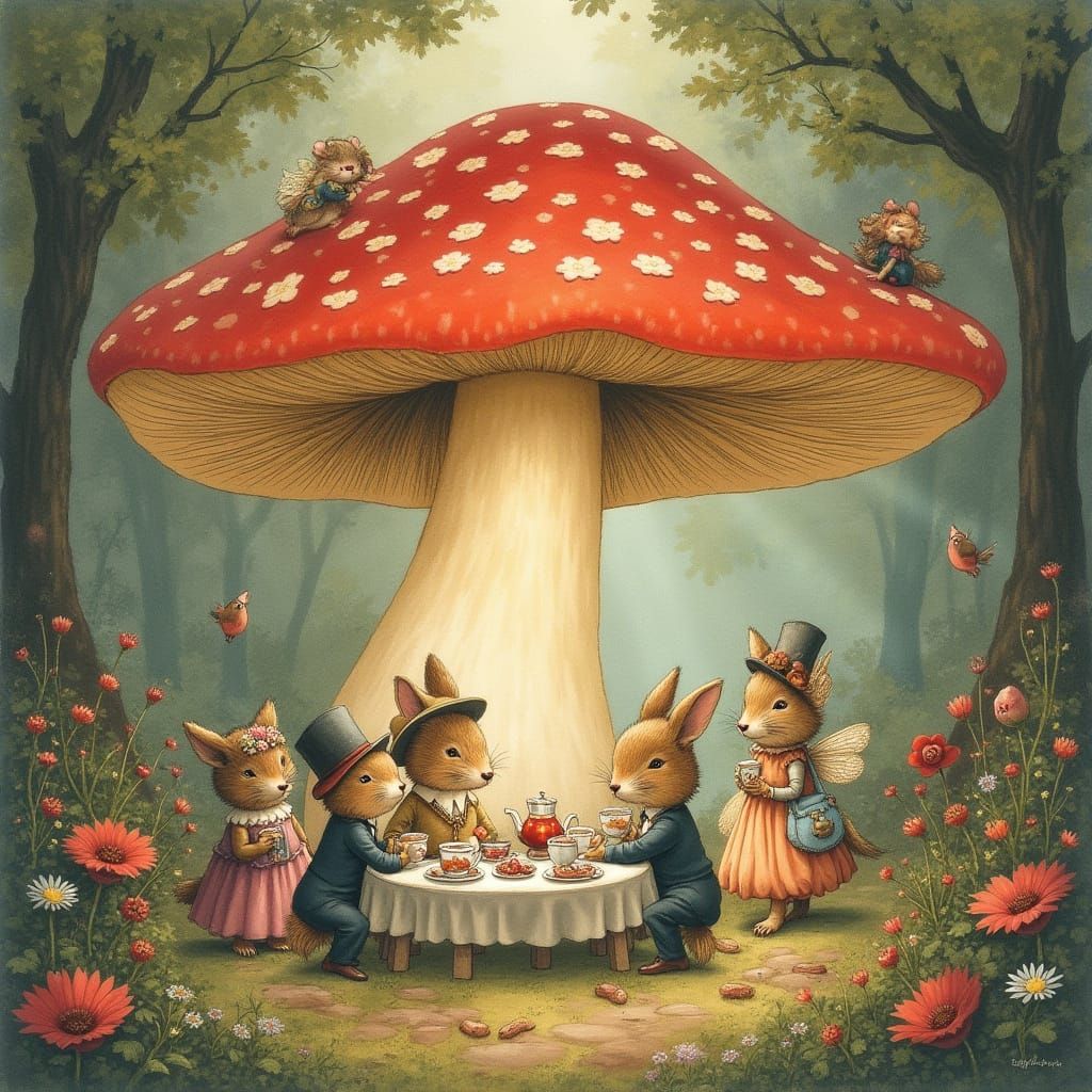 Enchanted Mushroom Tea Party in Watercolor Style