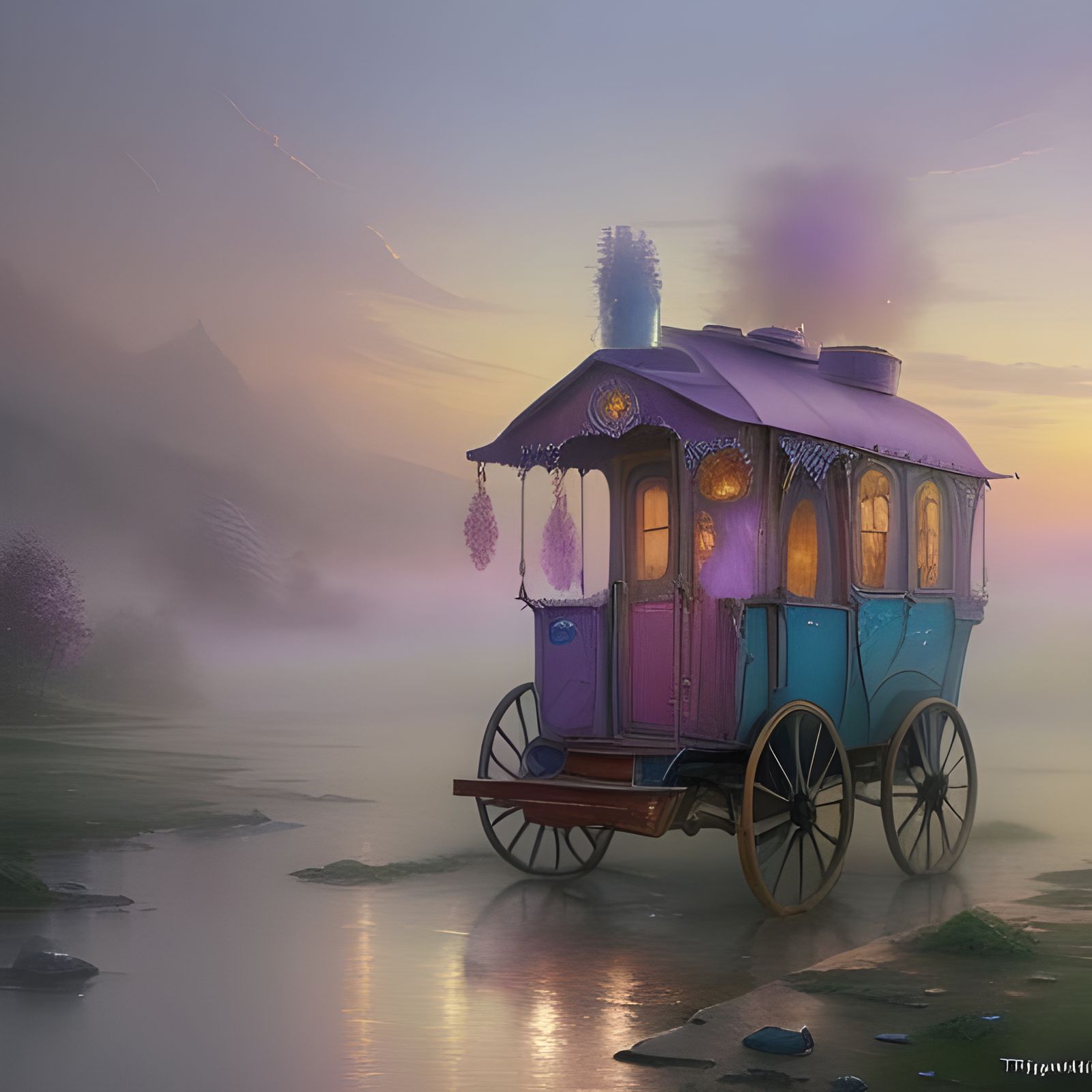 Ethereal Gypsy Caravan in Watercolor Splash Art