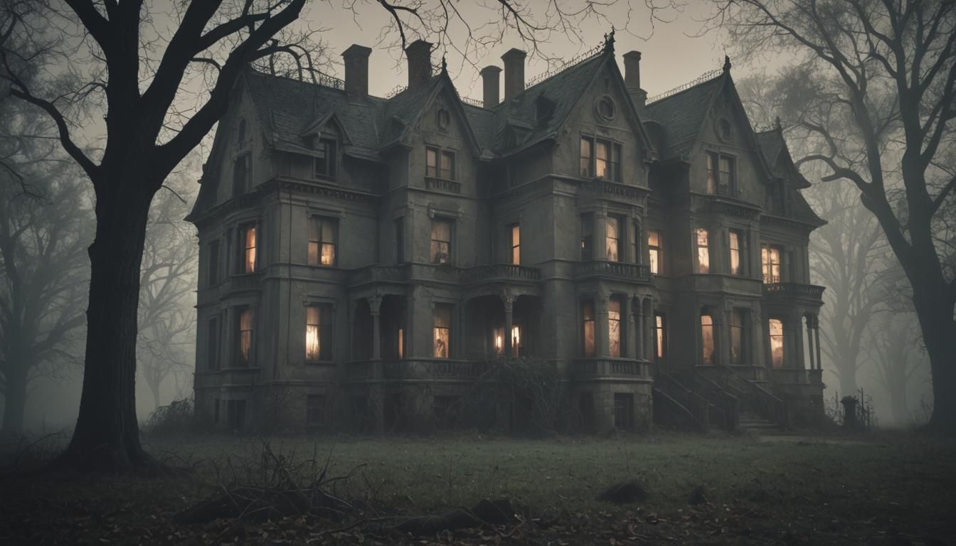 Eerie Old Mansion with Shadowy Figures: Cinematic Still
