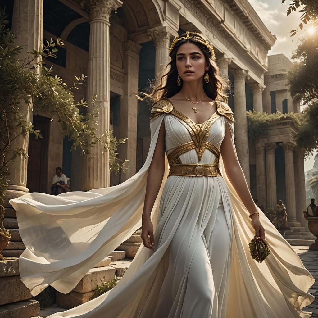 Elegant Greek Fashion: Flowing White Dress and Gold Jewelry