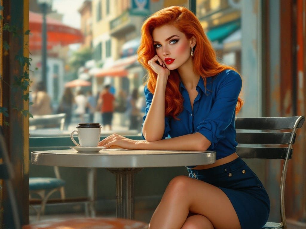 Vibrant Pin-Up Chic in a Lively Café Scene