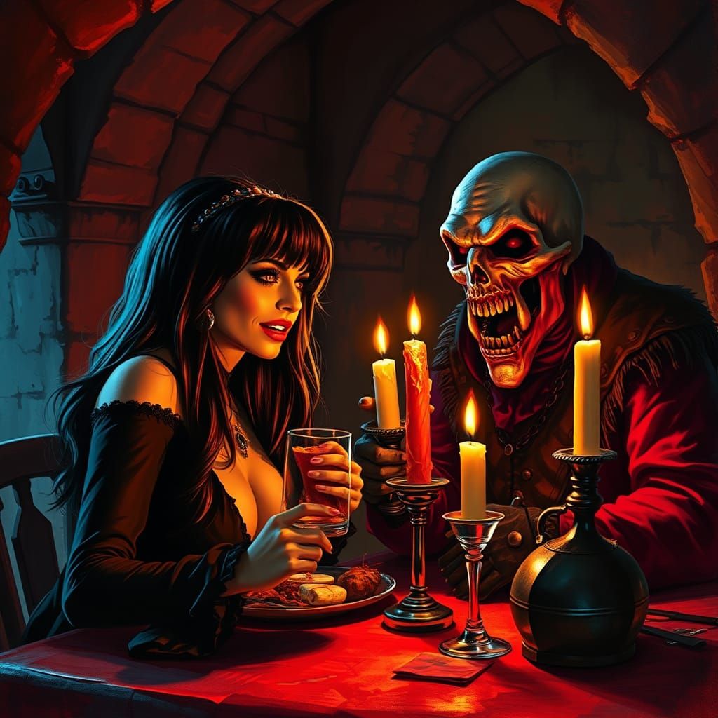 Elvira and Crypt Keeper Dinner in Dungeon