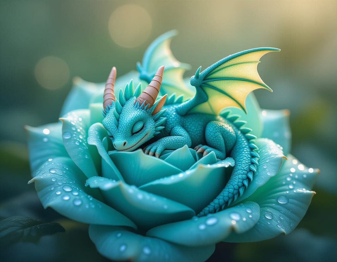 Teal Dragon Sleeping in Aquamarine Rose: Macro Photography