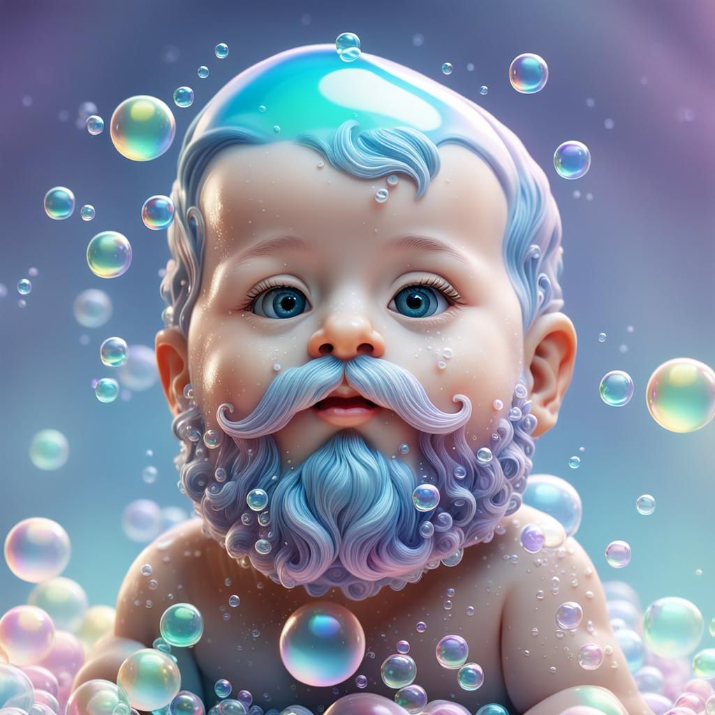 Whimsical Baby with Bubble Beard: 3D Digital Art