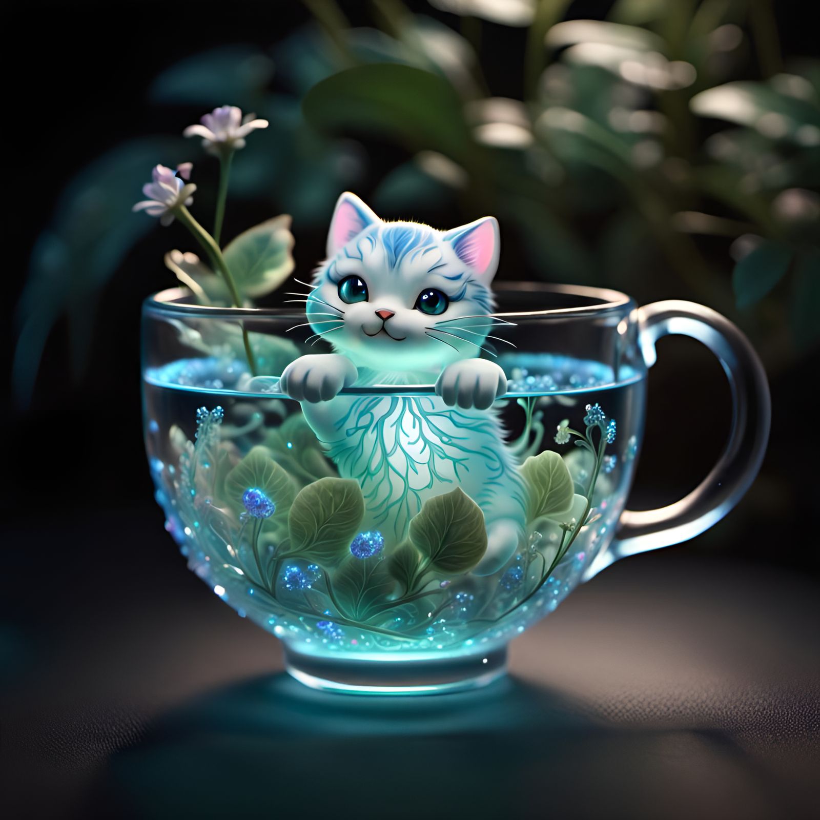Glass Teacup Cat with Bioluminescent Plants