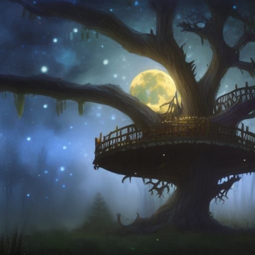 Enchanted Treehouse Under Moonlit Starry Sky