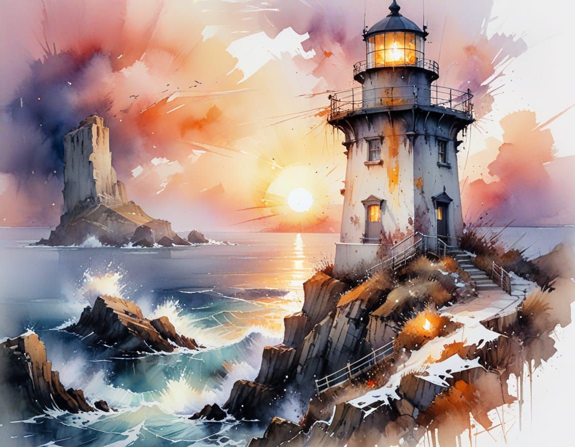 Ethereal Lighthouse at Sunset in Watercolour Style