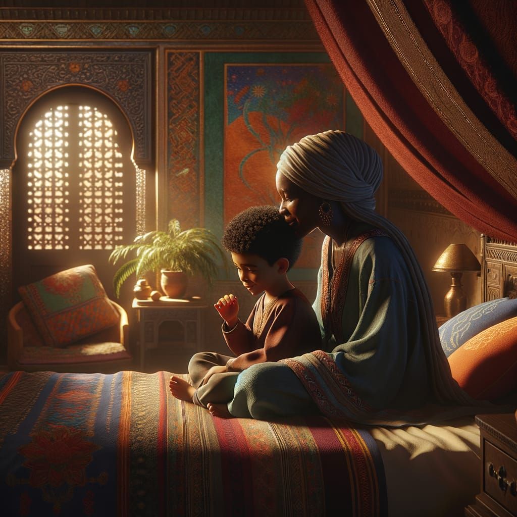 Cozy Bedroom Scene: Mother Whispering to Son, Matte Painting