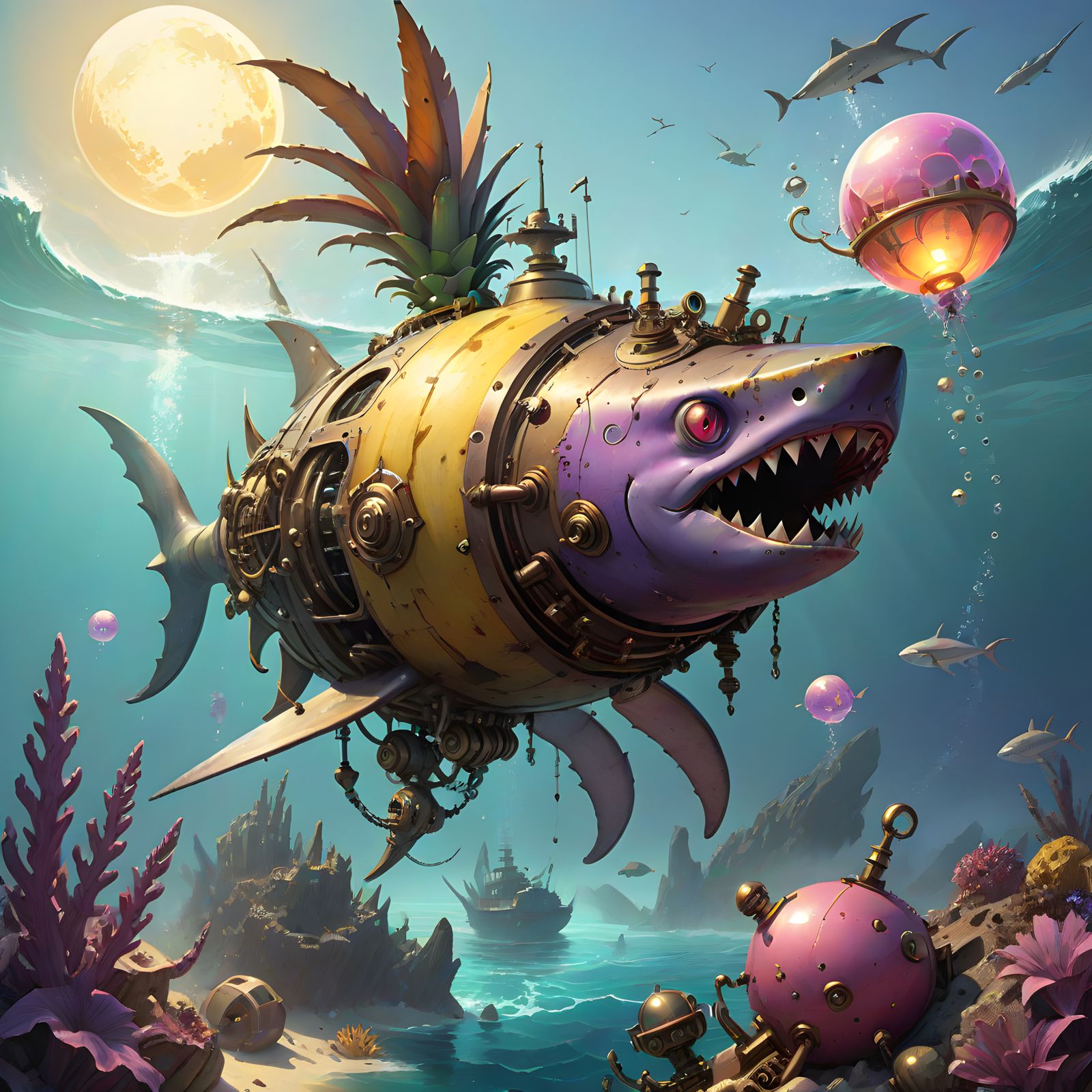 Steampunk Pineapple Rides Hammerhead Shark in Whimsical Unde...