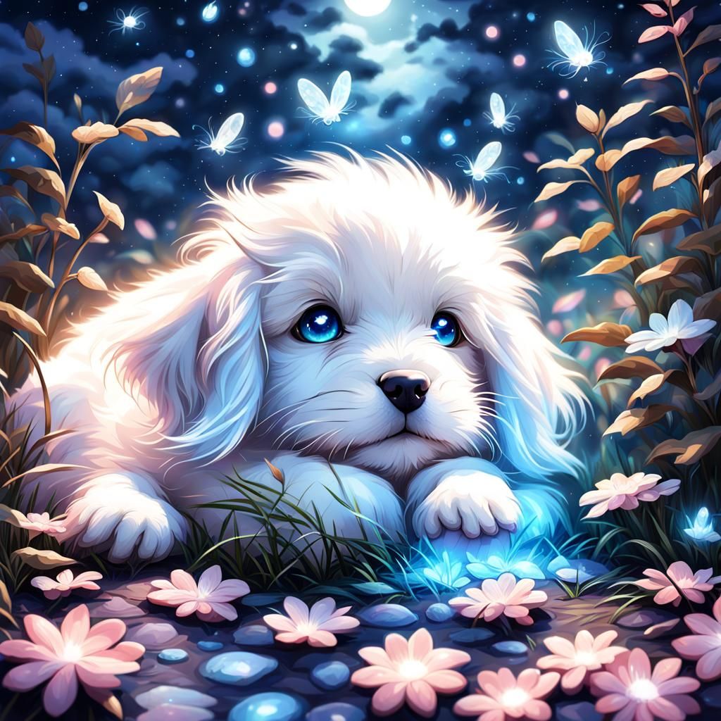 Adorable White Puppy with Blue Eyes in Digital Art