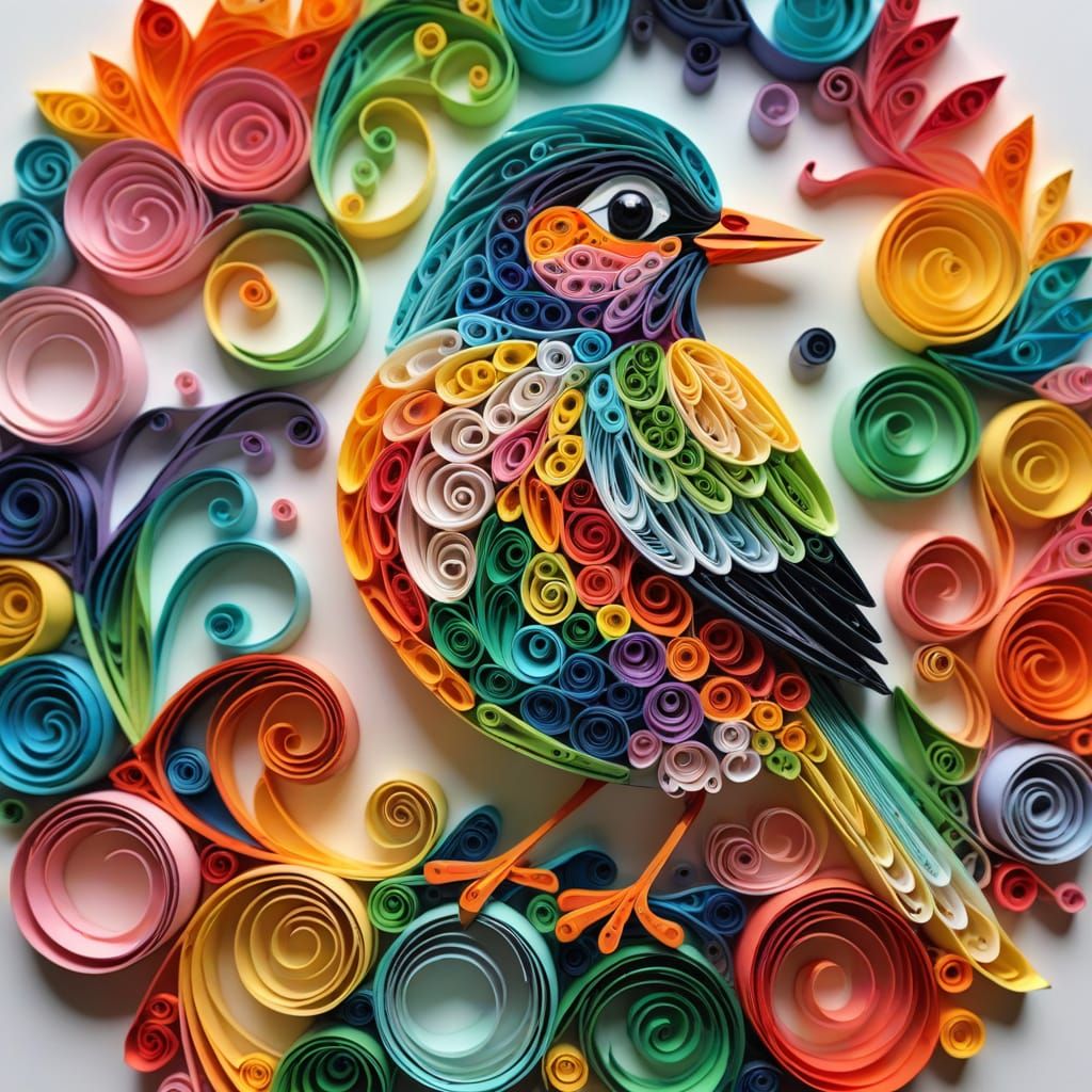 Colorful Quilled Bird Perched in Paper Curls