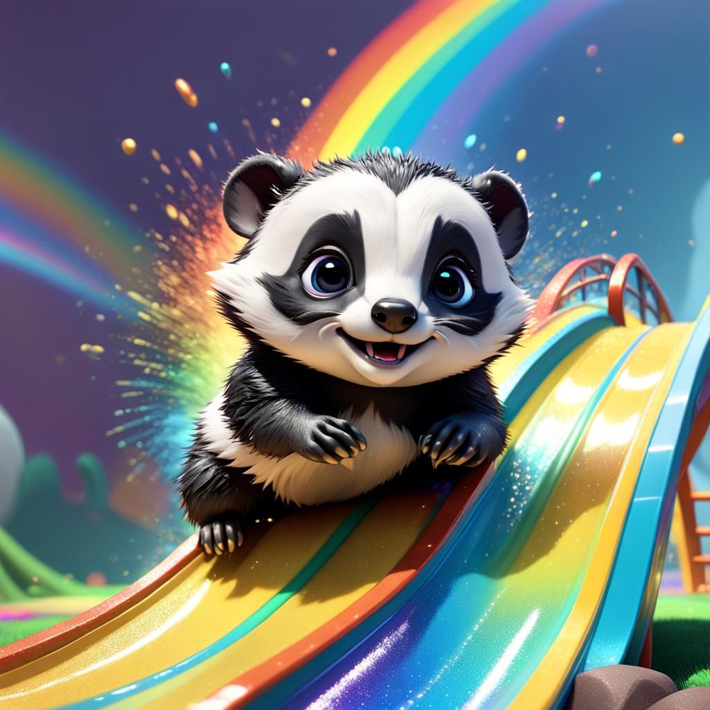 Cute Chibi Badger Slides Down Rainbow: 3D Digital Art
