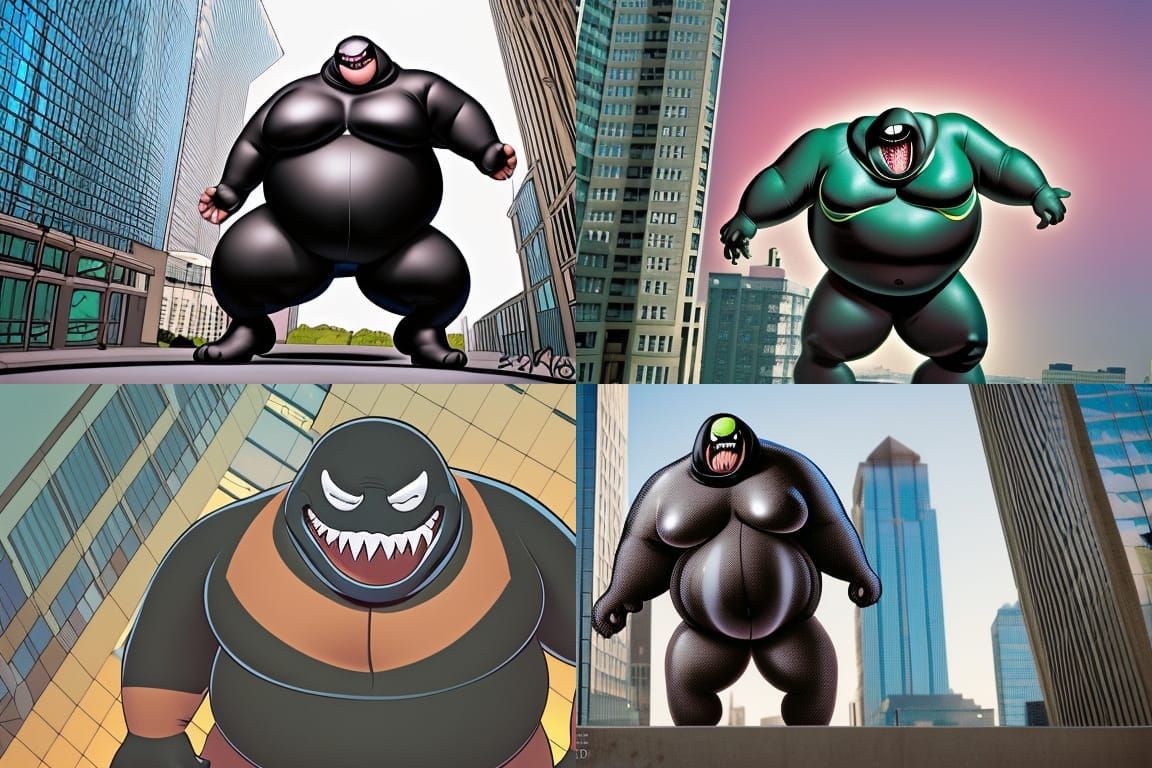 Obese Venom Falls From Skyscraper: Hyperrealistic Photo