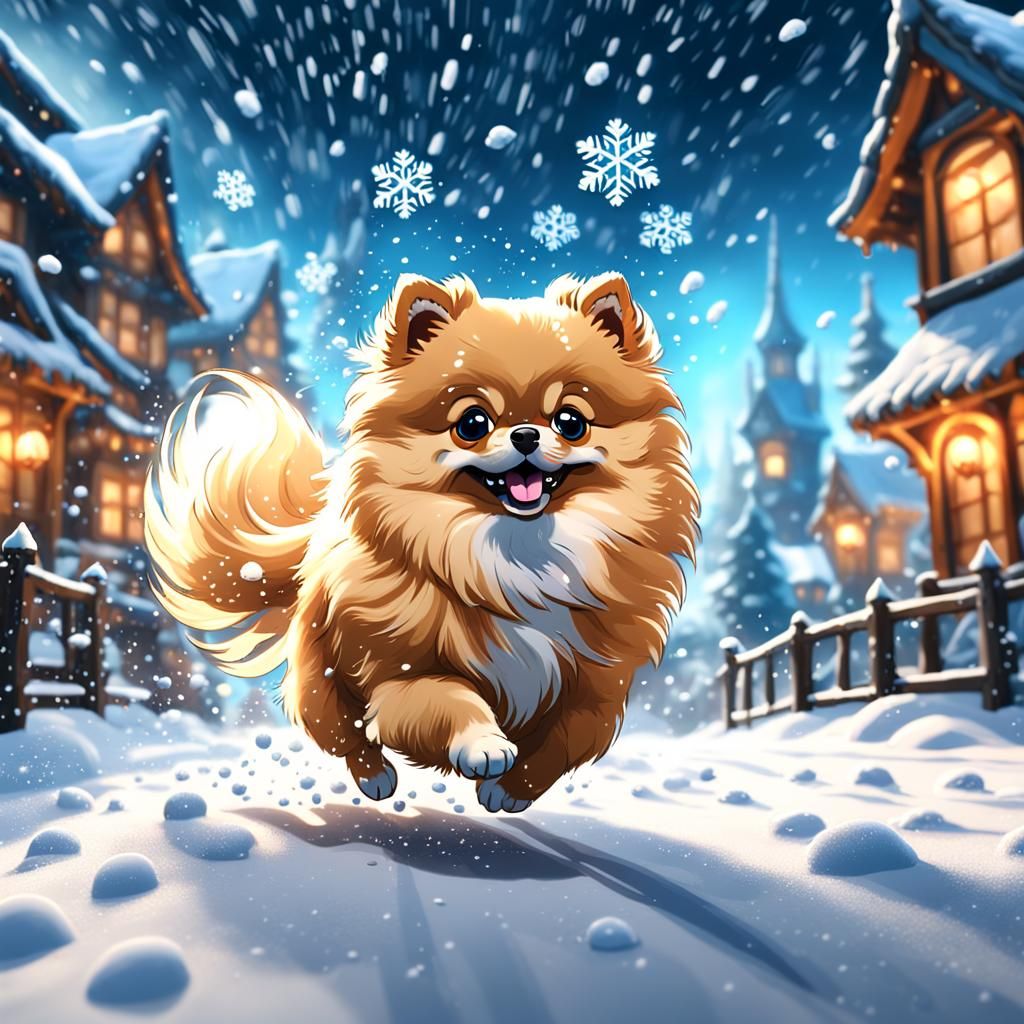 Pomeranian Dog Chasing Snowflakes in Detailed Matte Painting