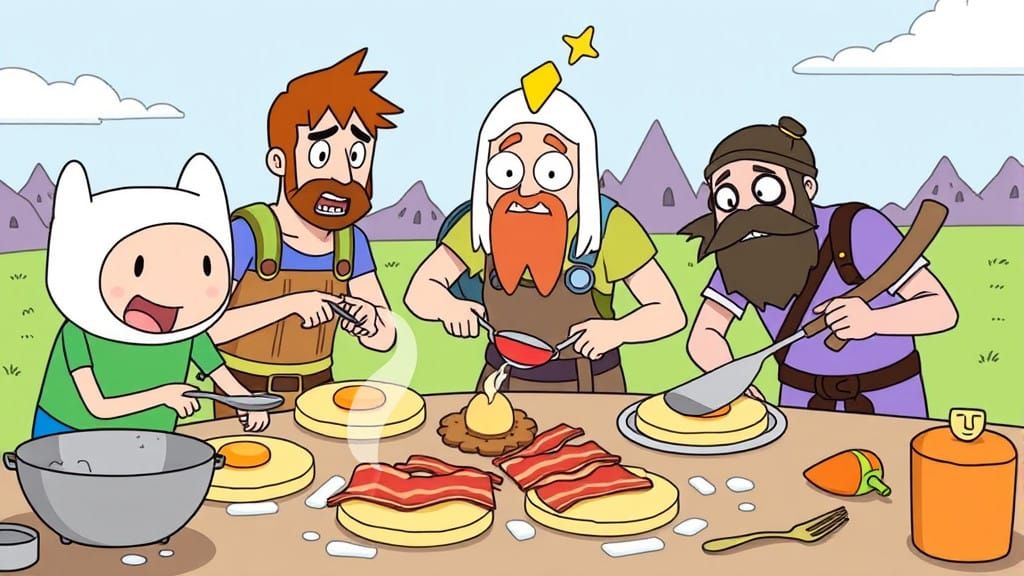 Heroes Gather for Bacon Pancakes in Whimsical Animated Style