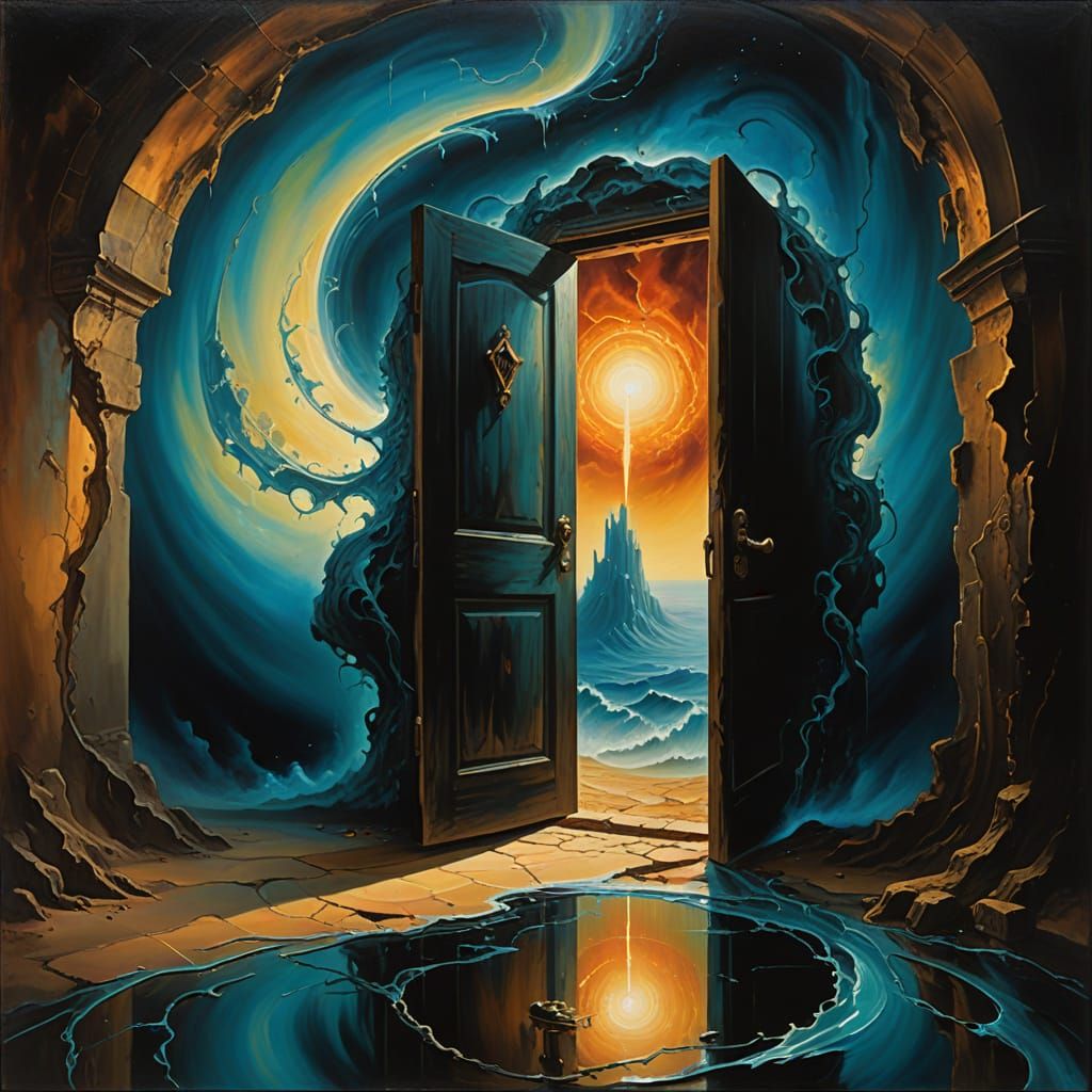 Surreal Dungeon Door Reveals Cosmic Light Vortex