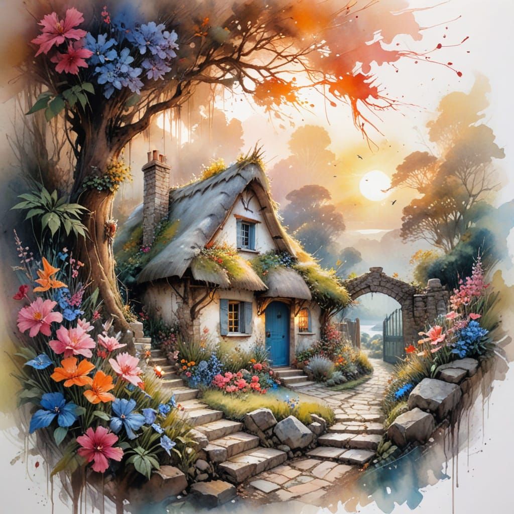 Whimsical Watercolour Cottage Scene
